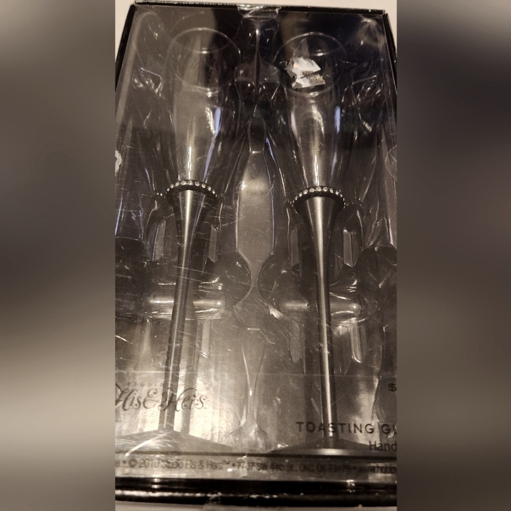 NWT VintageStudio Rhinestone trim His & Hers 10" Toasting Glasses w/ black stems
